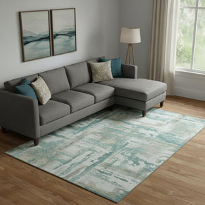 HomeRoots 10' X 14' Teal And Taupe Abstract Area Rug - Washable, UV Protected, Pet-Friendly, Modern Style! 714661