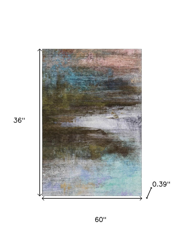 HomeRoots 5' Stylish Brown and Teal Abstract Area Rug - Washable, UV-Protected, Perfect for Any Space! 714663