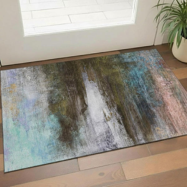 HomeRoots 5' Stylish Brown and Teal Abstract Area Rug - Washable, UV-Protected, Perfect for Any Space! 714663