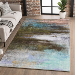 HomeRoots 8' Brown and Teal Abstract Washable Round Rug – Durable, UV-Protected, Non-Slip for Modern Spaces 714664