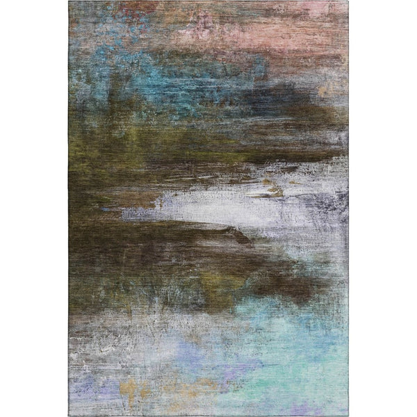 HomeRoots 8' Brown and Teal Abstract Washable Round Rug – Durable, UV-Protected, Non-Slip for Modern Spaces 714664