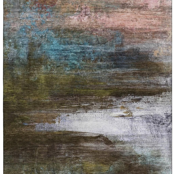 HomeRoots 8' Brown and Teal Abstract Washable Round Rug – Durable, UV-Protected, Non-Slip for Modern Spaces 714664