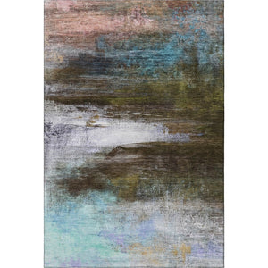 HomeRoots 8' Brown and Teal Abstract Washable Round Rug – Durable, UV-Protected, Non-Slip for Modern Spaces 714664