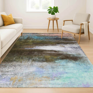 HomeRoots 8' Brown and Teal Abstract Washable Round Rug – Durable, UV-Protected, Non-Slip for Modern Spaces 714664