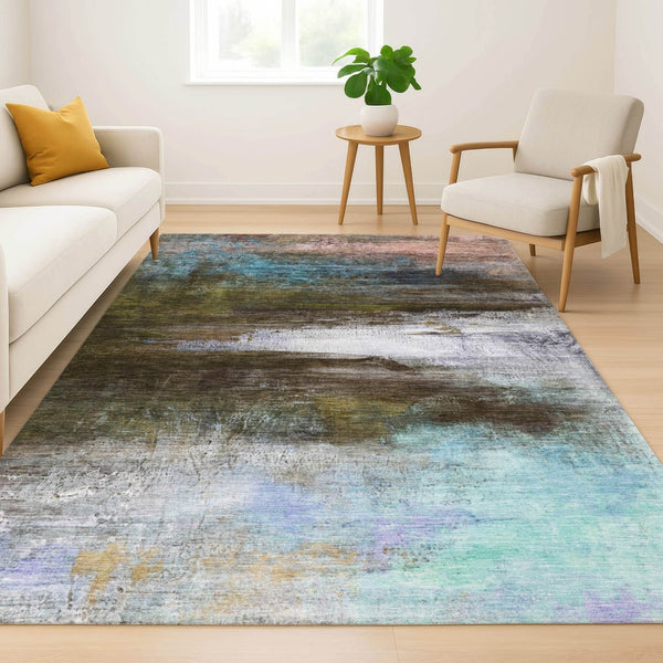 HomeRoots 8' Brown and Teal Abstract Washable Round Rug – Durable, UV-Protected, Non-Slip for Modern Spaces 714664