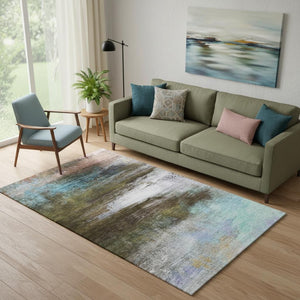 HomeRoots 8' Brown and Teal Abstract Washable Round Rug – Durable, UV-Protected, Non-Slip for Modern Spaces 714664