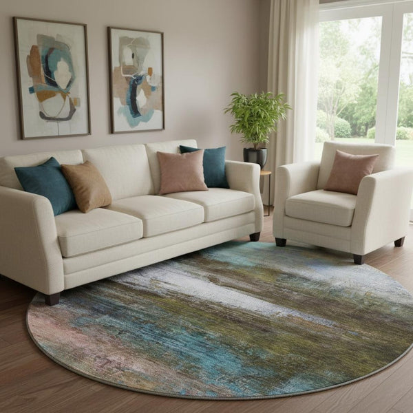 HomeRoots 8' x 10' Washable Area Rug in Brown & Teal - UV-Protected, Stylish, Kid & Pet-Friendly Design! 714665