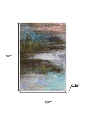 HomeRoots 9' X 12' Contemporary Brown and Teal Abstract Washable Area Rug with UV Protection for Busy Homes 714666