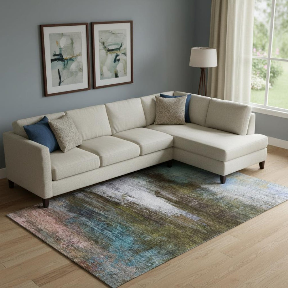 HomeRoots 9' X 12' Contemporary Brown and Teal Abstract Washable Area Rug with UV Protection for Busy Homes 714666