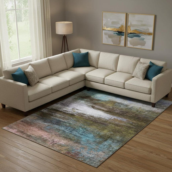 HomeRoots 10' X 14' Abstract Washable Area Rug in Brown & Teal - Durable, UV Protected, Modern Design for Homes 714667
