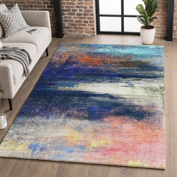 HomeRoots 5' X 8' Blue and Pink Abstract Area Rug - Machine Washable, UV Protected, Perfect for Kids & Pets! 714669