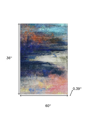 HomeRoots 5' X 8' Blue and Pink Abstract Area Rug - Machine Washable, UV Protected, Perfect for Kids & Pets! 714669