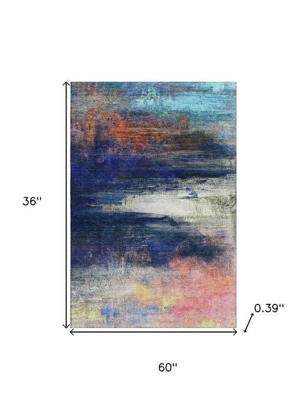 HomeRoots 5' X 8' Blue and Pink Abstract Area Rug - Machine Washable, UV Protected, Perfect for Kids & Pets! 714669