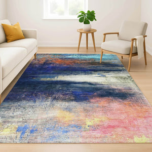 HomeRoots 5' X 8' Blue and Pink Abstract Area Rug - Machine Washable, UV Protected, Perfect for Kids & Pets! 714669