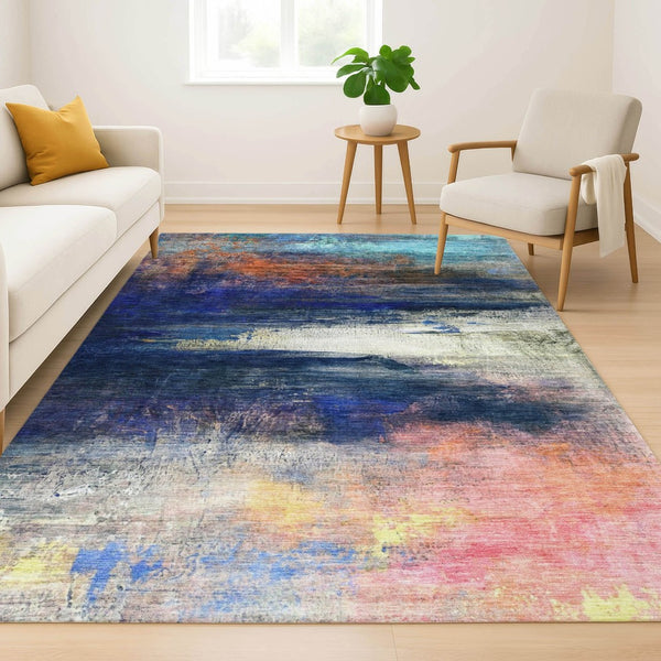 HomeRoots 5' X 8' Blue and Pink Abstract Area Rug - Machine Washable, UV Protected, Perfect for Kids & Pets! 714669