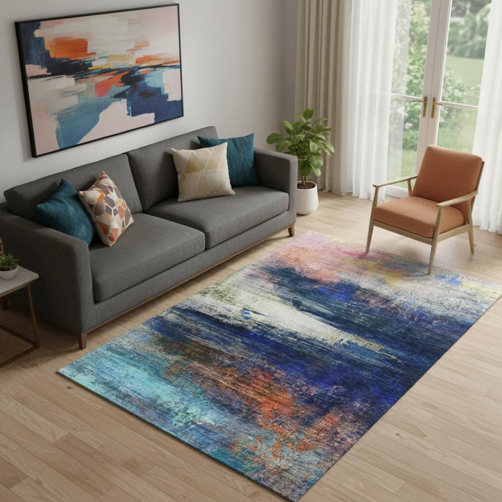 HomeRoots 8' Washable Round Rug in Blue and Pink - Durable, UV-Protected, Stylish Home Accent for Active Spaces 714670