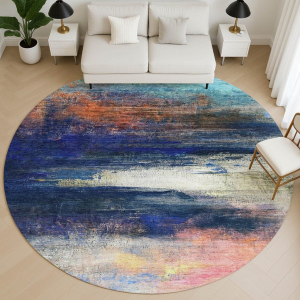 HomeRoots 8' X 10' Blue And Pink Abstract Area Rug - Durable, Washable, UV-Protected for Modern Homes 714671