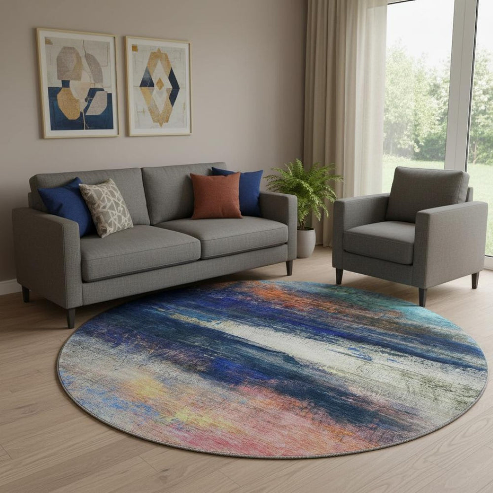 HomeRoots 8' X 10' Blue And Pink Abstract Area Rug - Durable, Washable, UV-Protected for Modern Homes 714671