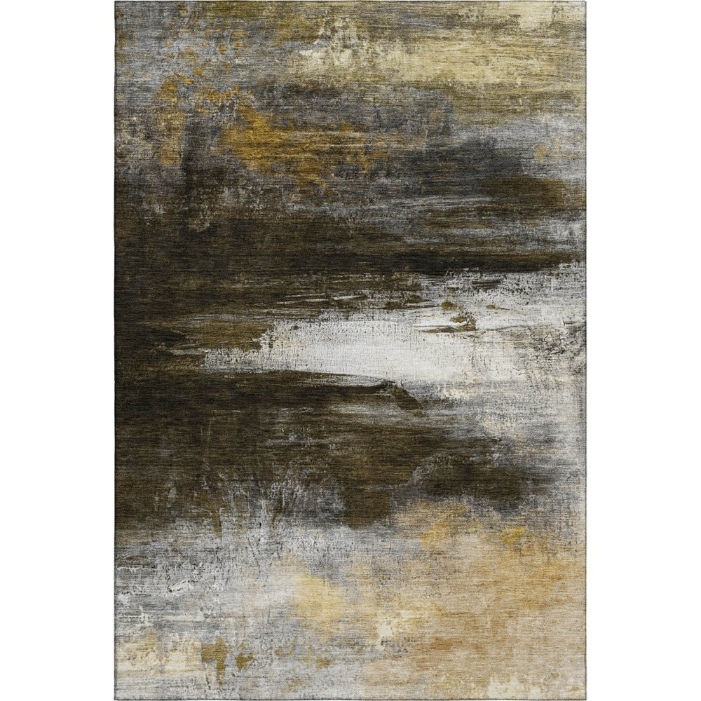HomeRoots 5' X 8' Chocolate and Gold Abstract Area Rug – Stylish, Washable, UV Protected, Perfect for Busy Homes! 714675