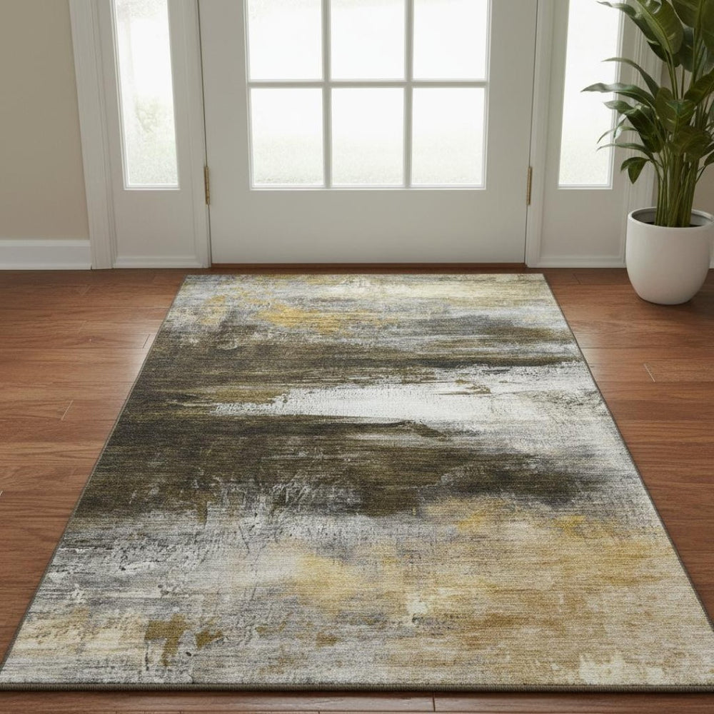 HomeRoots 5' X 8' Chocolate and Gold Abstract Area Rug – Stylish, Washable, UV Protected, Perfect for Busy Homes! 714675