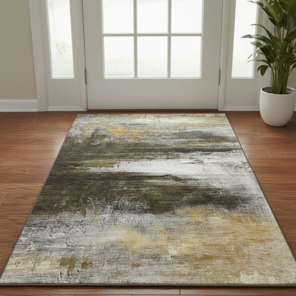 HomeRoots 5' X 8' Chocolate and Gold Abstract Area Rug – Stylish, Washable, UV Protected, Perfect for Busy Homes! 714675