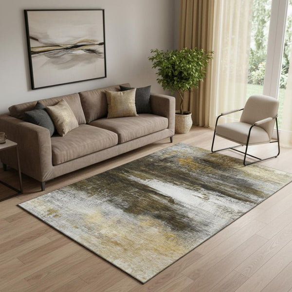 HomeRoots 8' Chocolate and Gold Abstract Washable Round Rug with UV Protection for Elegant, Busy Homes 714676
