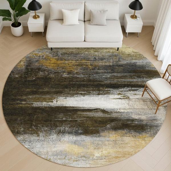 HomeRoots 8' X 10' Modern Chocolate and Gold Abstract Area Rug - Washable, UV-Protected, Stain-Resistant Design! 714677