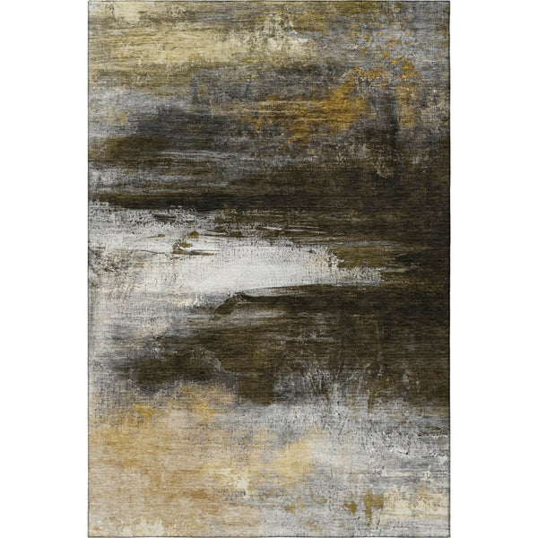 HomeRoots 9' X 12' Washable Chocolate and Gold Abstract Area Rug with UV Protection for Family-Friendly Spaces 714678