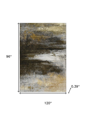HomeRoots 9' X 12' Washable Chocolate and Gold Abstract Area Rug with UV Protection for Family-Friendly Spaces 714678