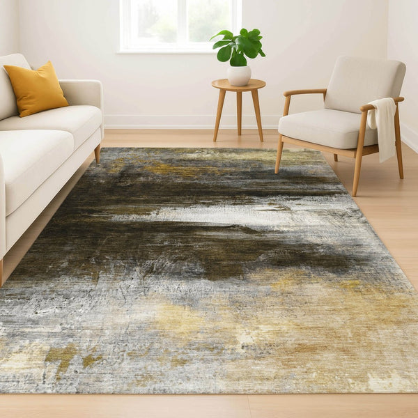 HomeRoots 9' X 12' Washable Chocolate and Gold Abstract Area Rug with UV Protection for Family-Friendly Spaces 714678