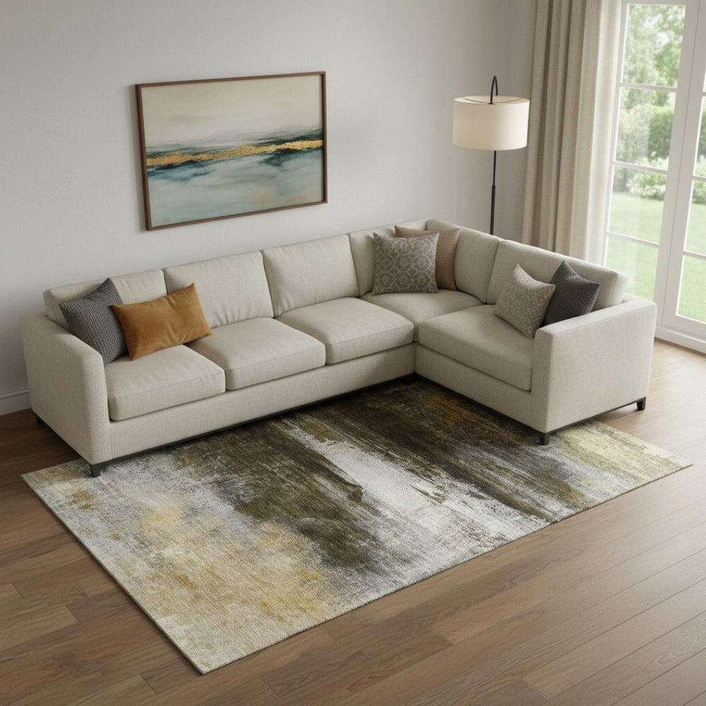 HomeRoots 9' X 12' Washable Chocolate and Gold Abstract Area Rug with UV Protection for Family-Friendly Spaces 714678