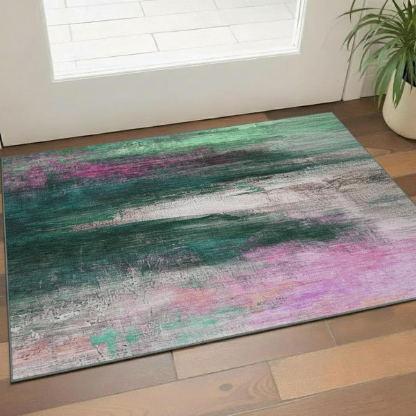 HomeRoots 5' X 8' Green & Mauve Abstract Area Rug – Washable, UV-Protected, Durable, Perfect for Busy Homes! 714681