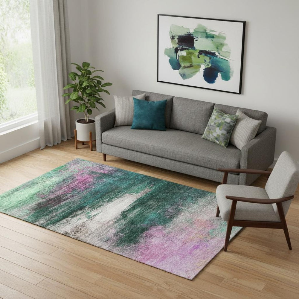 HomeRoots 8' Abstract Washable Round Rug in Green & Mauve - Durable, UV Protected, Stain Resistant for Homes 714682