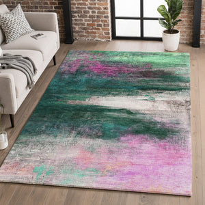HomeRoots 8' Abstract Washable Round Rug in Green & Mauve - Durable, UV Protected, Stain Resistant for Homes 714682