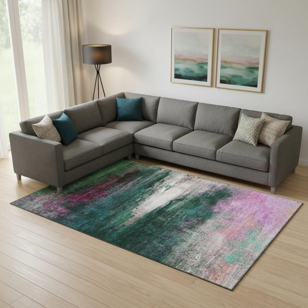 HomeRoots 9' X 12' Abstract Green & Mauve Washable Area Rug with UV Protection - Durable, Kid & Pet Friendly! 714684