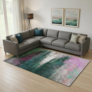 HomeRoots 9' X 12' Abstract Green & Mauve Washable Area Rug with UV Protection - Durable, Kid & Pet Friendly! 714684