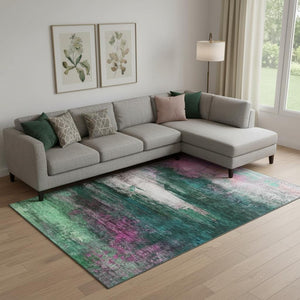 HomeRoots 10' X 14' Abstract Area Rug in Green & Mauve – Washable, Durable, UV-Protected for Modern Living Spaces 714685