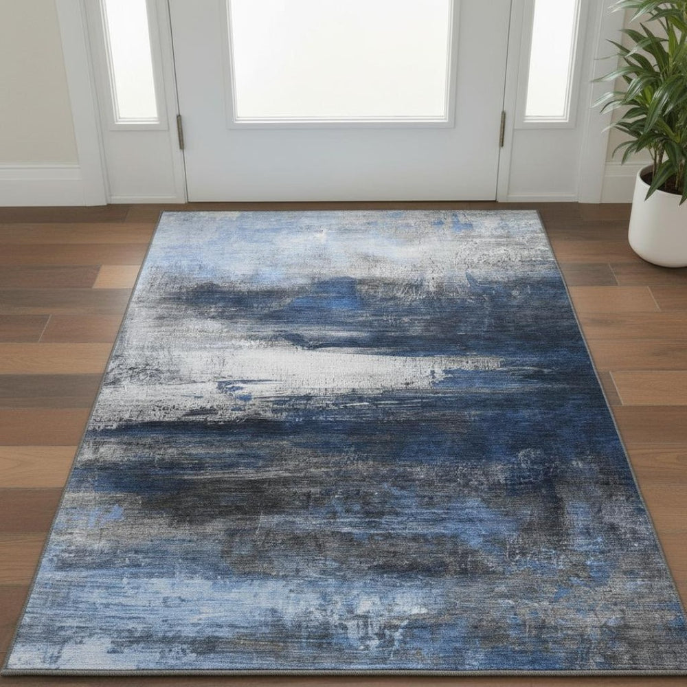 HomeRoots 5' X 8' Navy Blue and Ivory Abstract Area Rug – Stain Resistant, Machine Washable, UV Protected! 714693