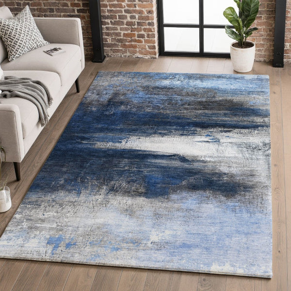 HomeRoots 8' Navy Blue and Ivory Abstract Washable Round Rug - Durable, UV Protected, Perfect for High-Traffic Areas 714694