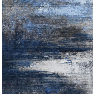 HomeRoots 8' Navy Blue and Ivory Abstract Washable Round Rug - Durable, UV Protected, Perfect for High-Traffic Areas 714694