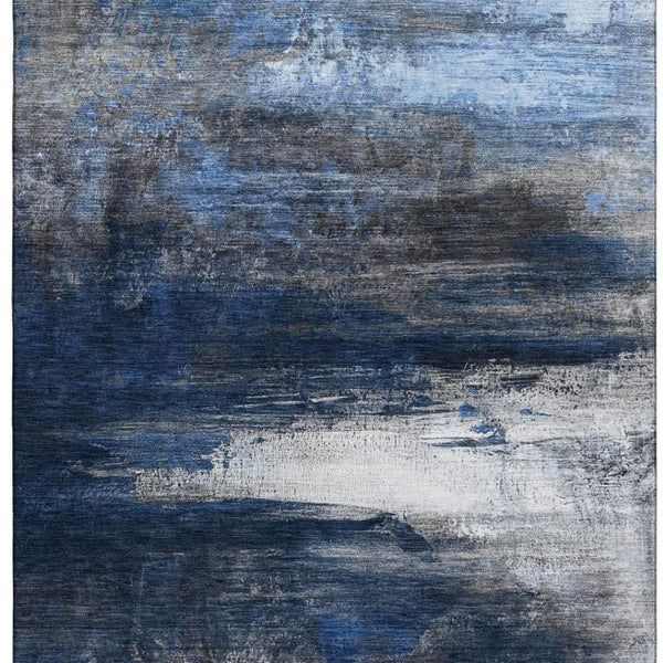 HomeRoots 8' Navy Blue and Ivory Abstract Washable Round Rug - Durable, UV Protected, Perfect for High-Traffic Areas 714694