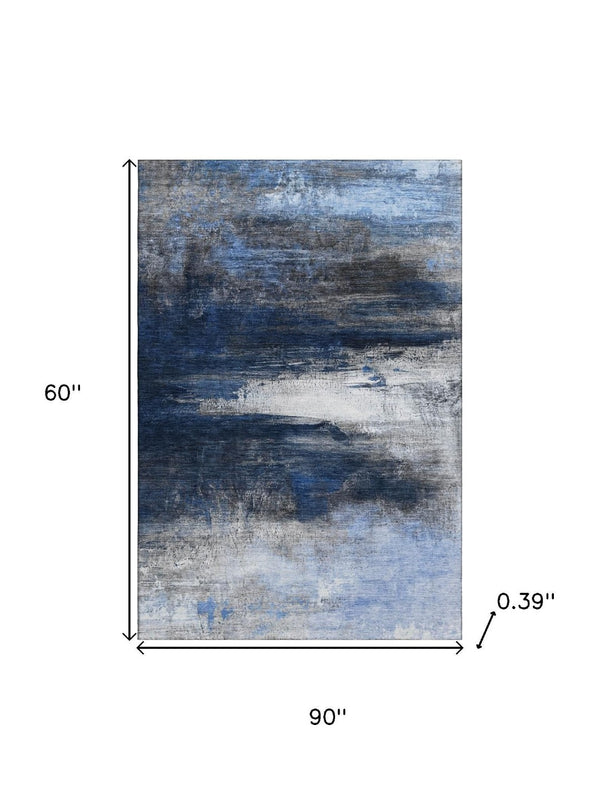 HomeRoots 8' Navy Blue and Ivory Abstract Washable Round Rug - Durable, UV Protected, Perfect for High-Traffic Areas 714694