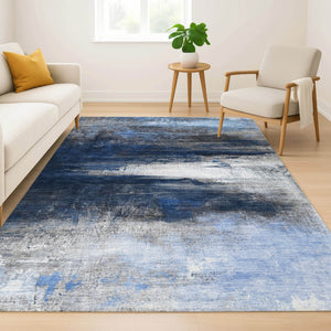 HomeRoots 8' Navy Blue and Ivory Abstract Washable Round Rug - Durable, UV Protected, Perfect for High-Traffic Areas 714694