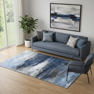 HomeRoots 8' Navy Blue and Ivory Abstract Washable Round Rug - Durable, UV Protected, Perfect for High-Traffic Areas 714694