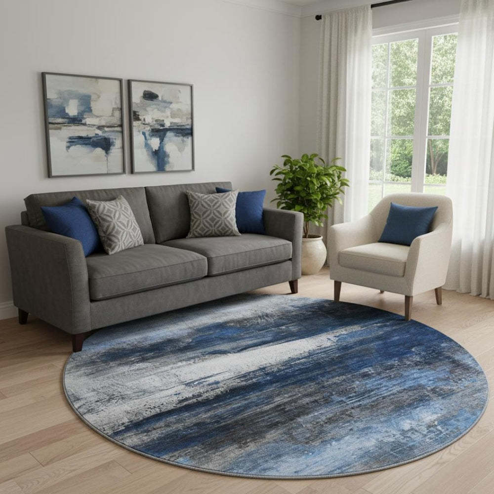 HomeRoots 8' X 10' Navy Blue & Ivory Abstract Washable Area Rug - Durable, Stain Resistant & UV Protected! 714695