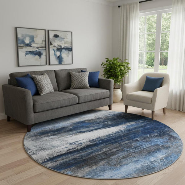 HomeRoots 8' X 10' Navy Blue & Ivory Abstract Washable Area Rug - Durable, Stain Resistant & UV Protected! 714695