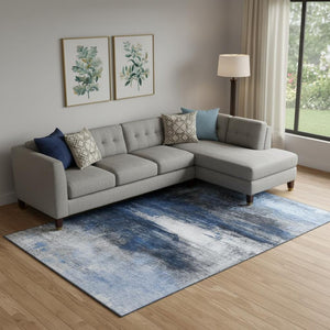 HomeRoots 9' X 12' Navy Blue & Ivory Abstract Area Rug - Machine Washable, UV Protected for Busy Homes 714696