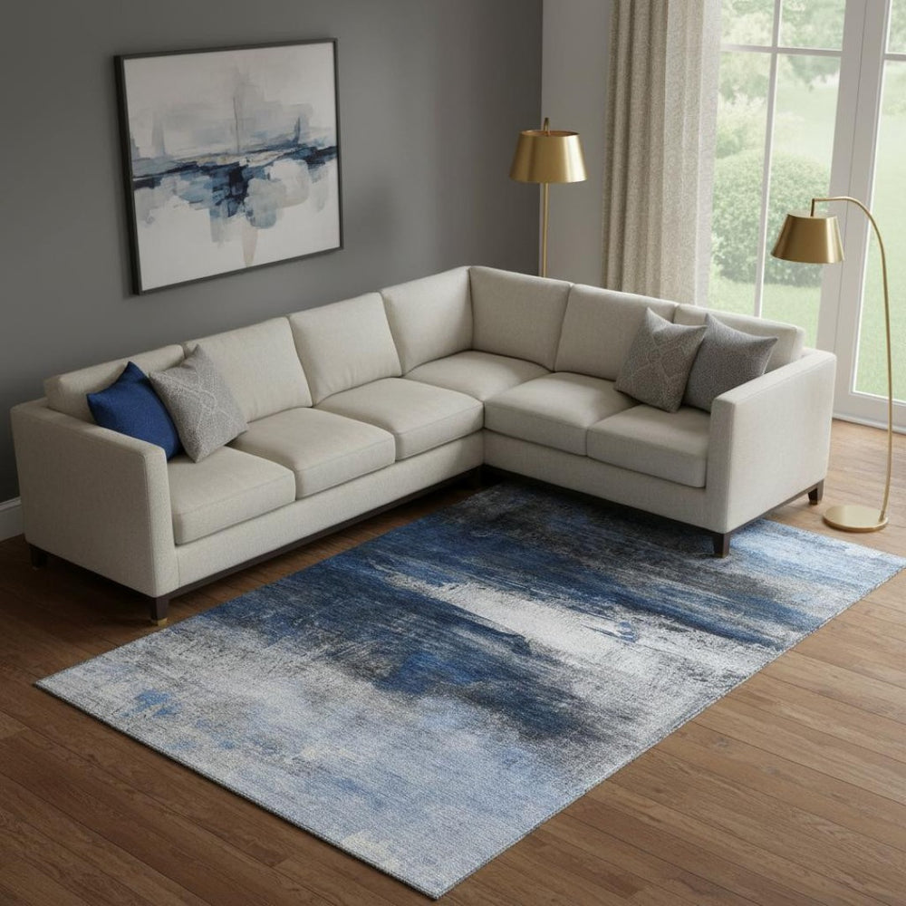 HomeRoots 10' X 14' Navy Blue & Ivory Abstract Area Rug – Washable, UV Protected, Stain-Resistant, Durable! 714697