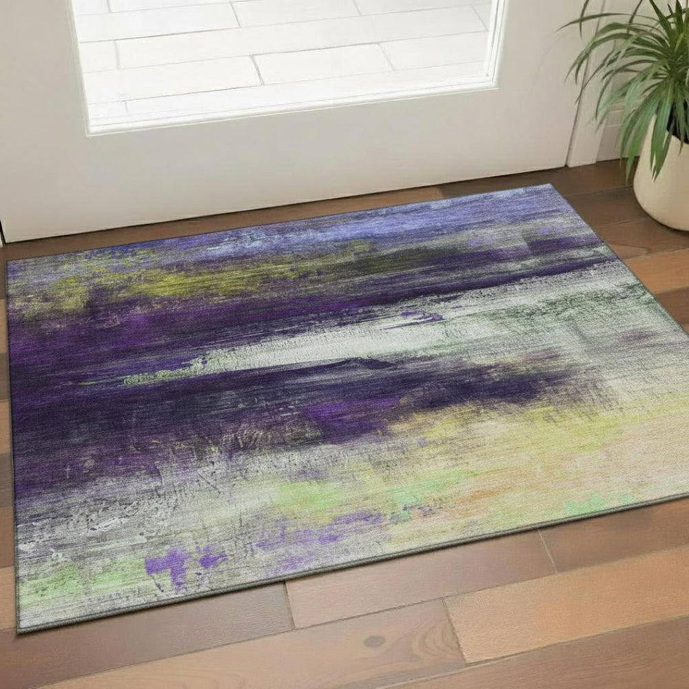 HomeRoots 5' X 8' Vibrant Purple & Lime Green Abstract Area Rug – Washable, UV Protected, Durable & Stylish! 714699