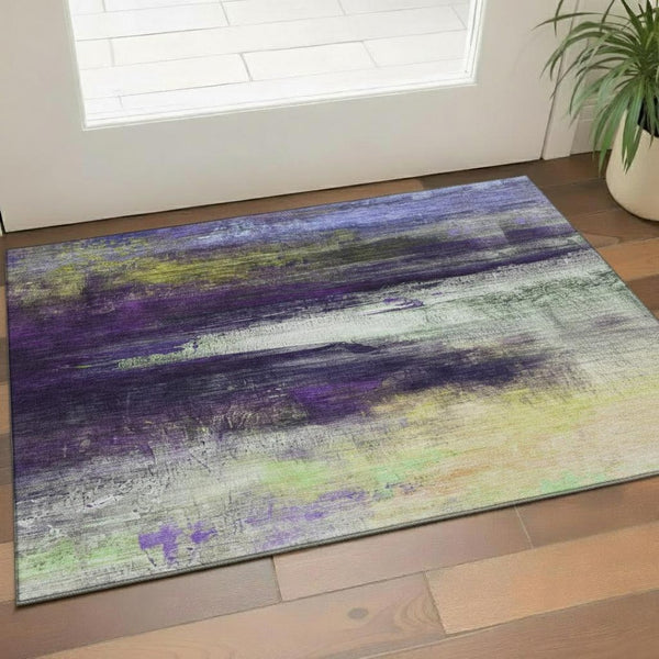 HomeRoots 5' X 8' Vibrant Purple & Lime Green Abstract Area Rug – Washable, UV Protected, Durable & Stylish! 714699
